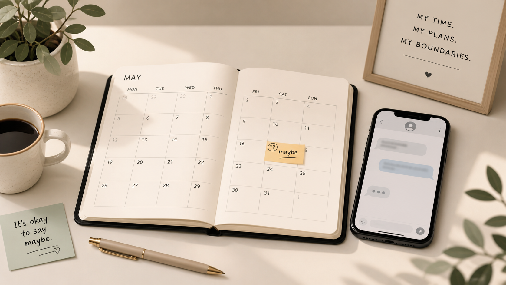 A planner with a maybe note and a phone message, representing uncertain plans and personal time boundaries.